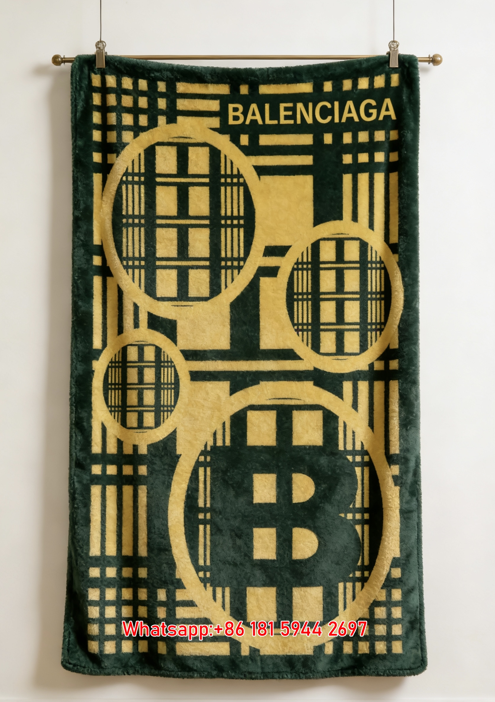 Balenciaga Plaid B Logo Green Yellow Flannel Sofa Throw Blanket BA157